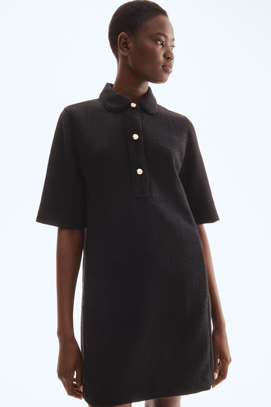 New H&M Polo Dress Women's Black Short Sleeve Boucle Shift Size S